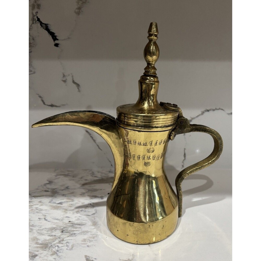VINTAGE INDIAN BRASS TURKISH DALLAH ARABIC COFFEE EWER. HAND ENGRAVED. 12” TALL